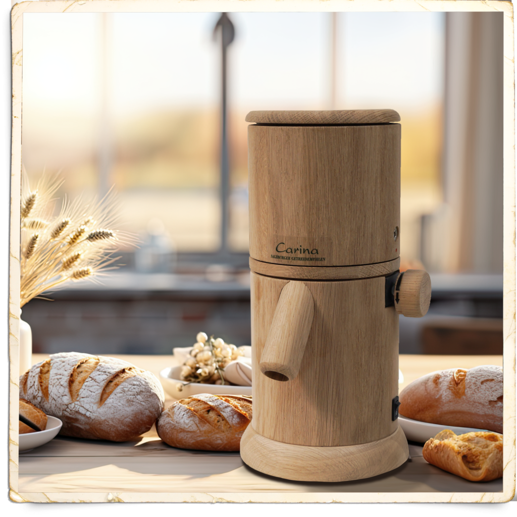 Salzburg grain mill Carina oak with granite millstone and wooden grinding chamber