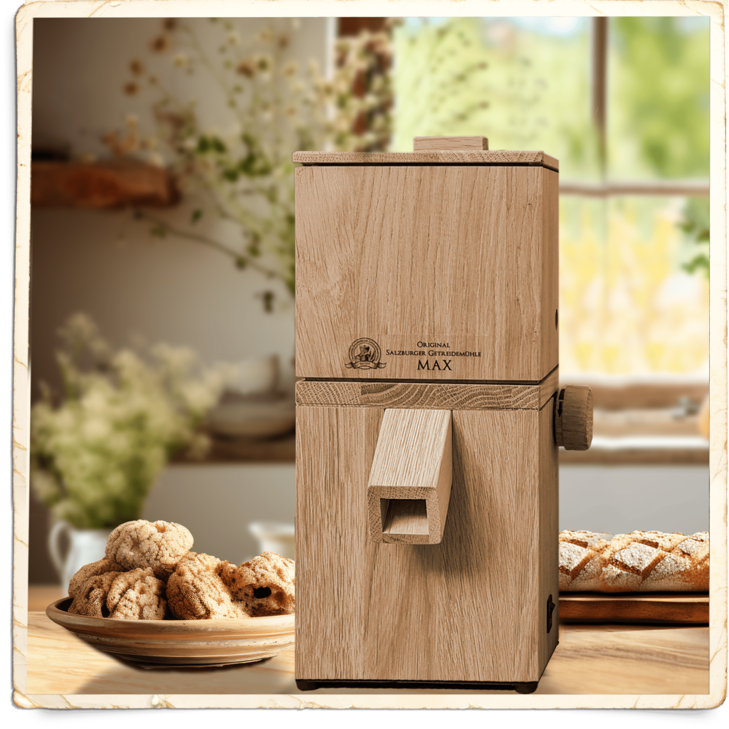 Salzburg grain mill MAX oak with granite millstone and wooden grinding chamber